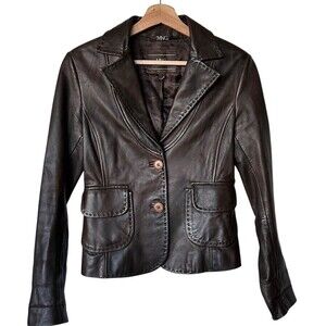 MNG by Mango Brown Leather jacket Y2K distressed collared blazer size 4